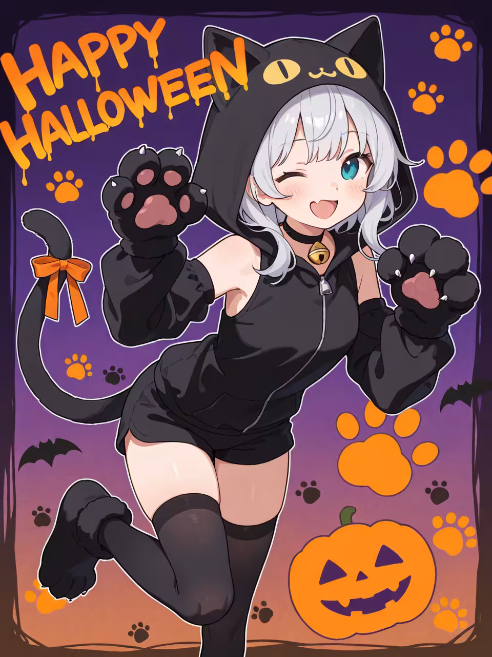 1girl happy halloween cat costume paw gloves detached sleeves paw