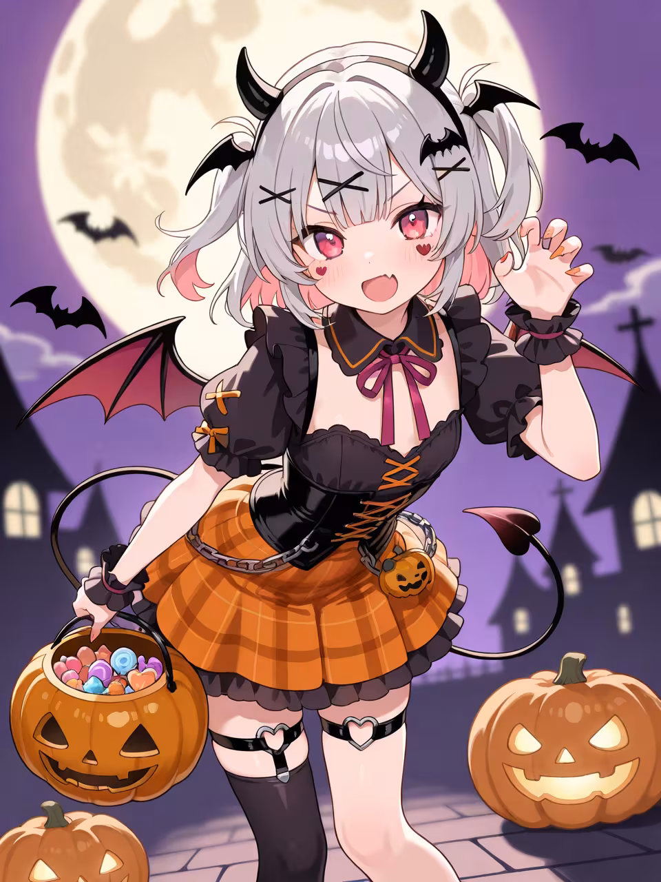 1girl jack o lantern demon costume claw pose single thighhigh