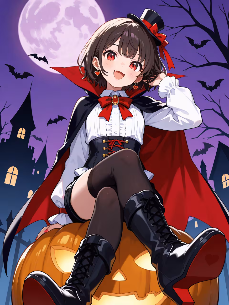 1girl halloween vampire costume thighhighs full moon jewelry black thighhighs