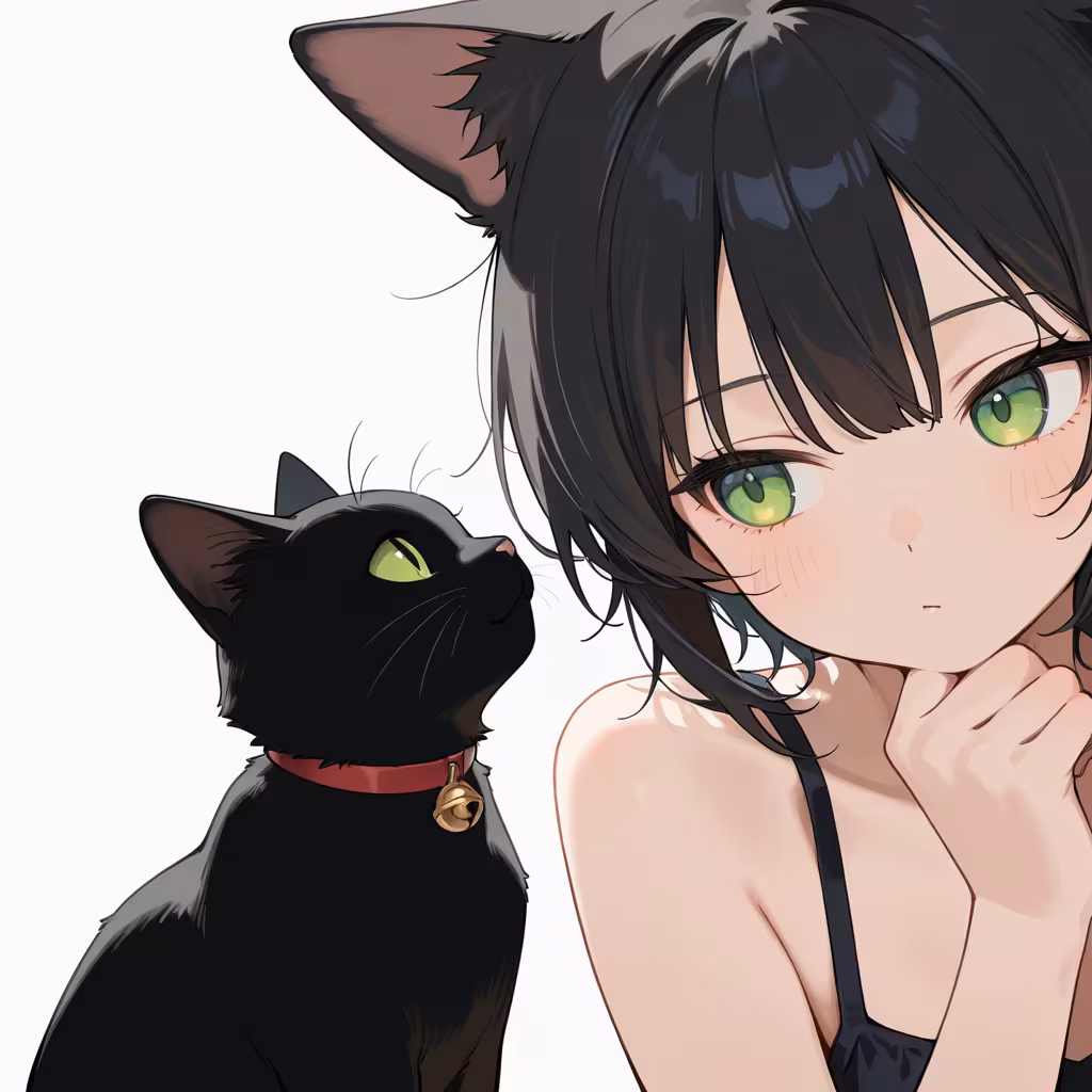1girl black cat simple background white background