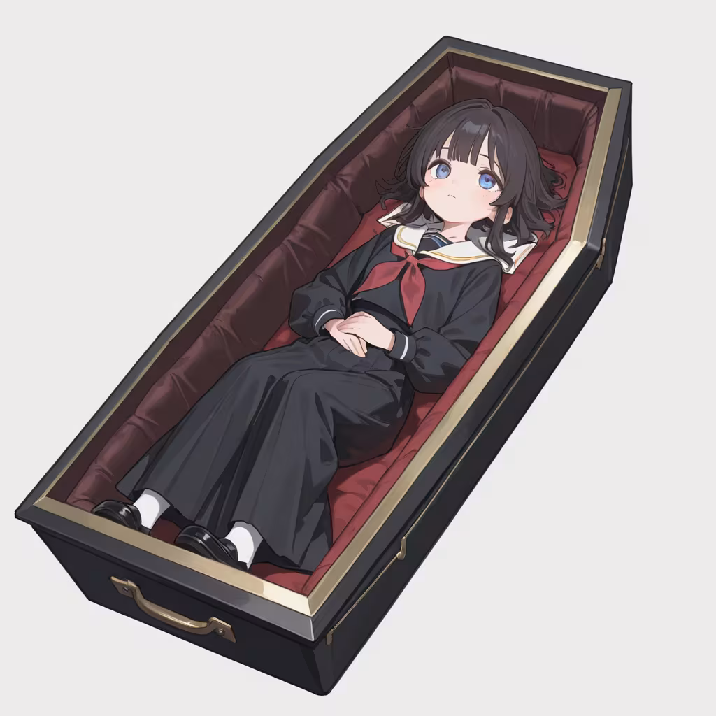 1girl coffin simple background white background