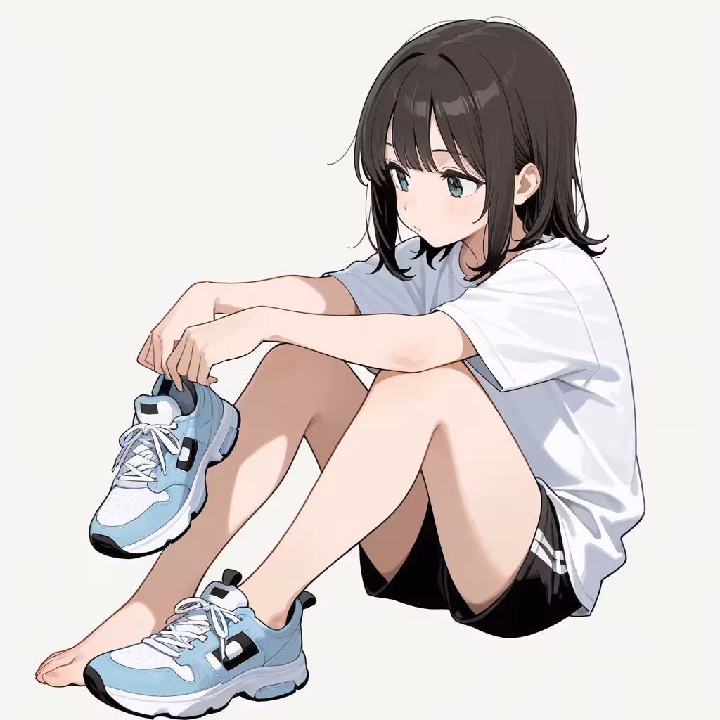 脱いだ靴を持つ(holding unworn shoes)