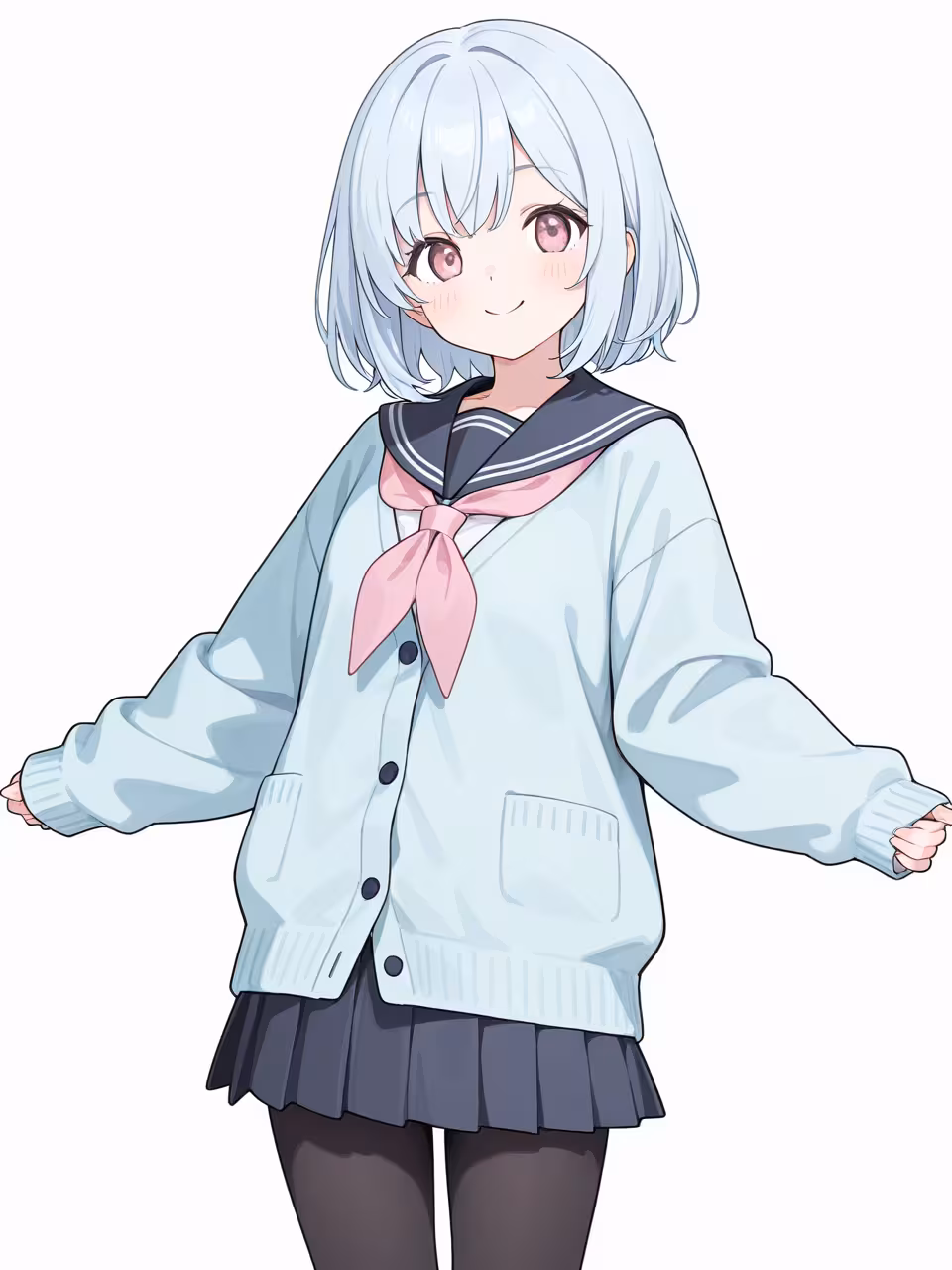 セーラー襟に水色のカーディガンとピンクのスカーフ