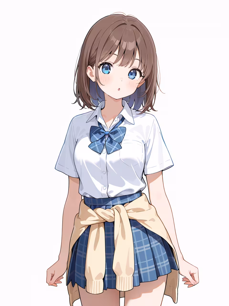 夏服に腰に巻いたセーターと青いチェックのリボン